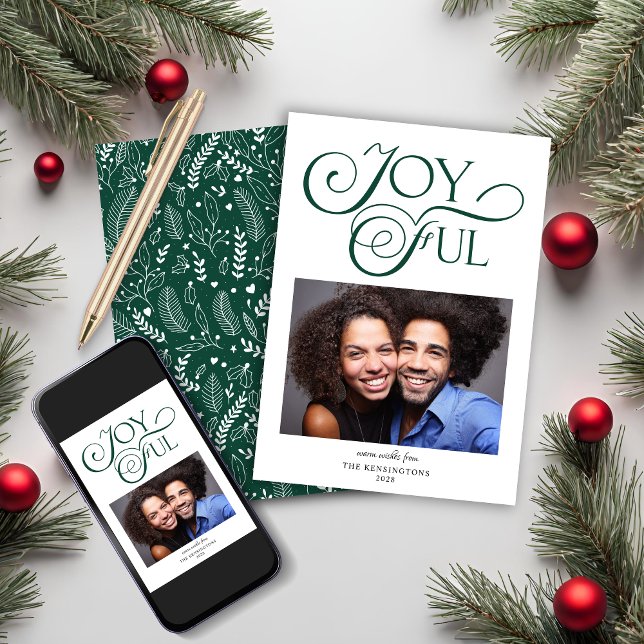 Emerald Grönt Mönster Glatta julfoto Julkort (Emerald Green Pattern Joyful Christmas Photo Holiday Card)