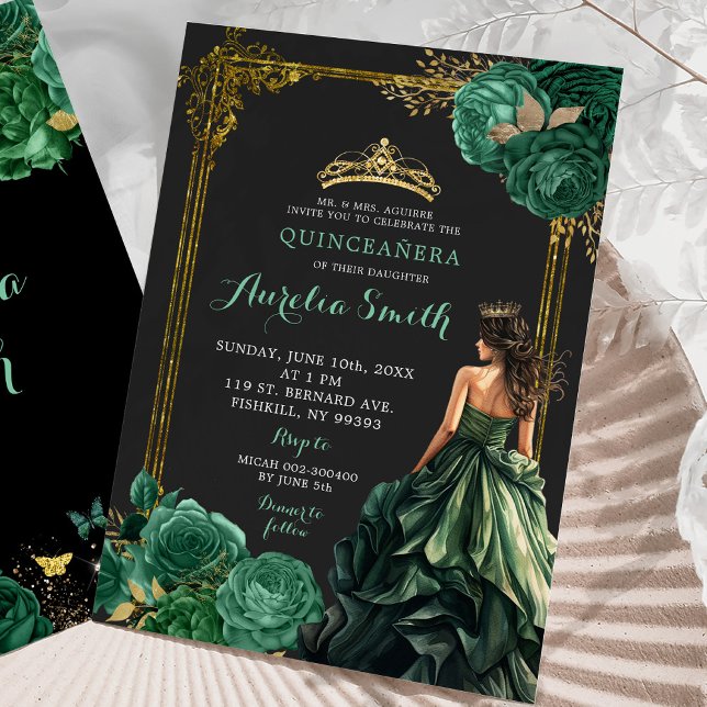 Emerald Grönt Mörk, bakgrund Royal Quinceañera Inbjudningar (Skapare uppladdad)