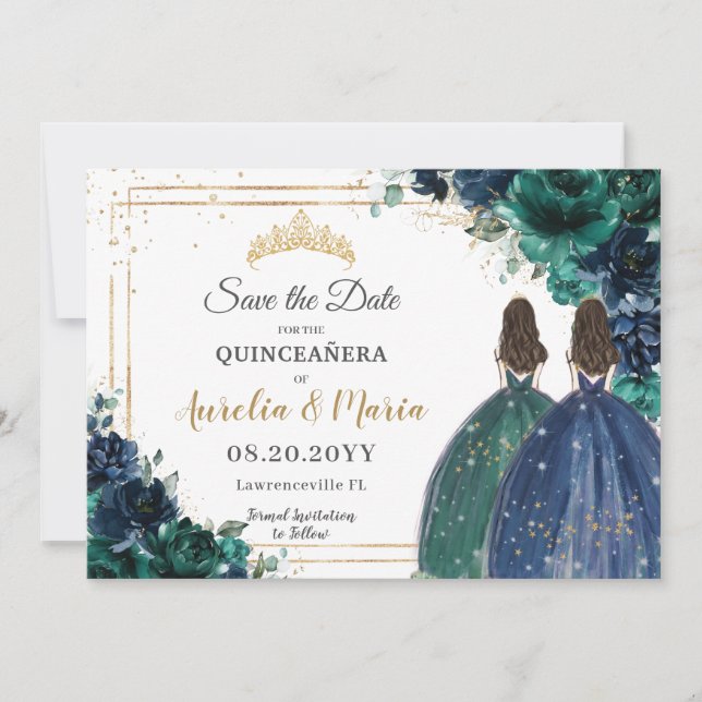 Emerald Grönt Navy Blommigt Princesses Quinceañera Spara Datumet (Framsida)