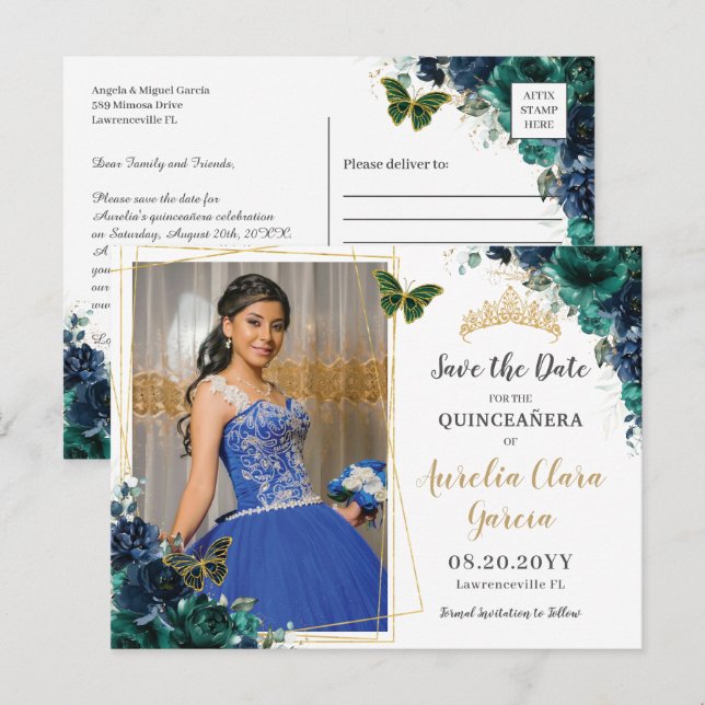 Emerald Grönt Navy Blommigt Quinceañera-foto Meddelande Vykort (Fram/baksida)