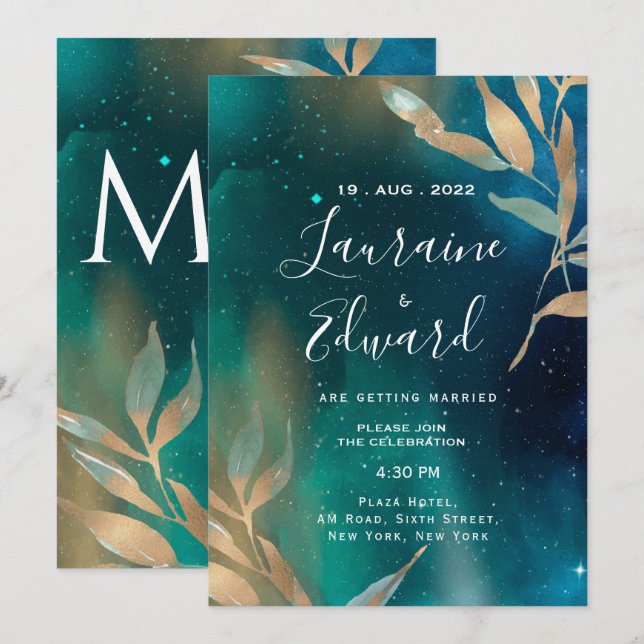 Emerald grönt nebula galaxy night himlar golden fo inbjudningar (Fram/baksida)