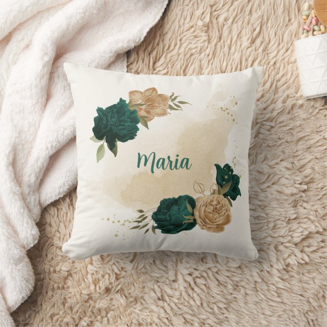 emerald grönt och beige guld blommor kudde (Filt)