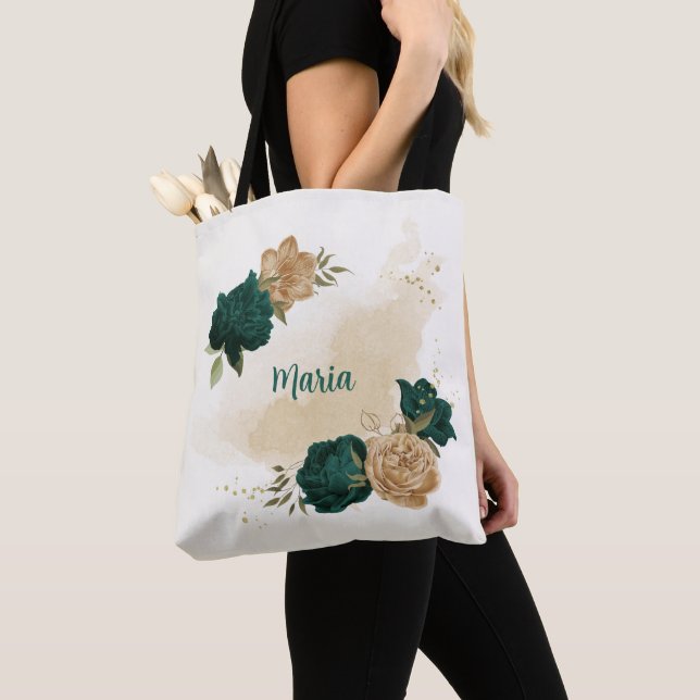 emerald grönt och beige guld blommor tygkasse (Närbild)