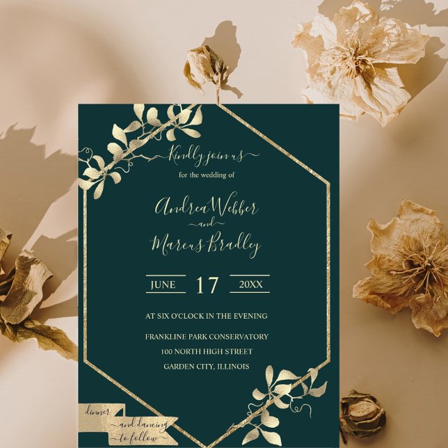 Emerald Grönt och Champagne Inbjudningar (Elegant emerald green and Champagne gold modern invitation)