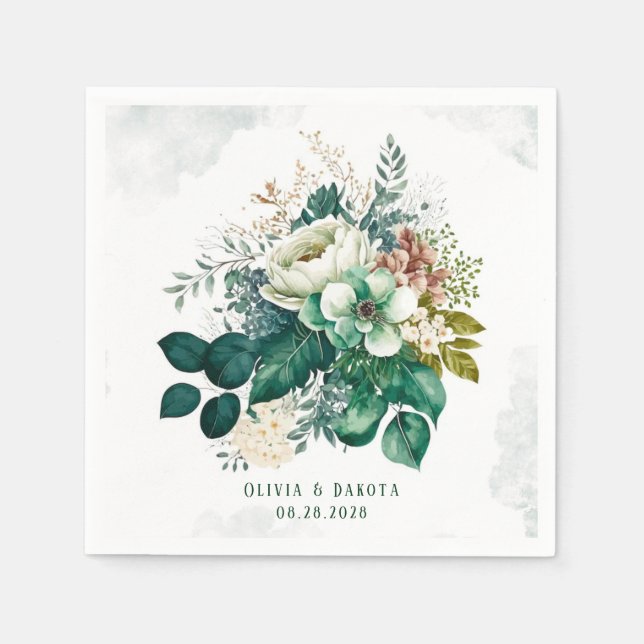 Emerald Grönt och Cream Blommigt Bröllop Pappersservett (Framsidan)