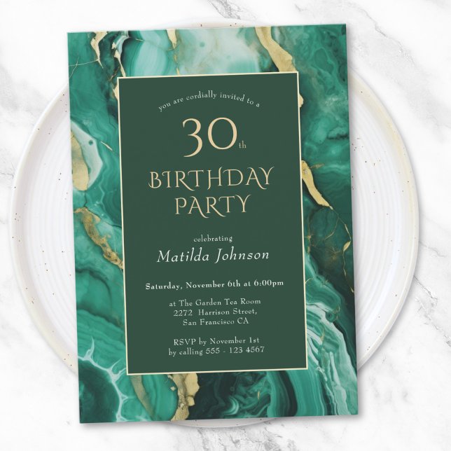 Emerald Grönt och Guld Agate 30års födelsedag Inbjudningar (Emerald Green and Gold Agate 30th Birthday Invitation)