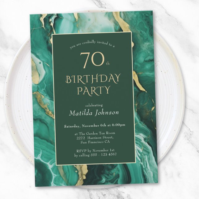 Emerald Grönt och Guld Agate 70:e födelsedagen Inbjudningar (Emerald Green and Gold Agate 70th Birthday Invitation)