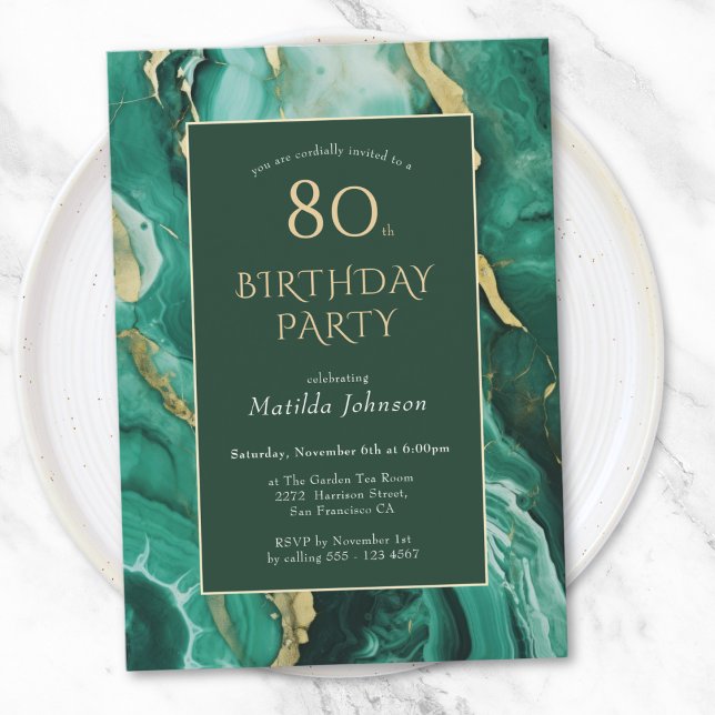 Emerald Grönt och Guld Agate 80:e födelsedagen Inbjudningar (Emerald Green and Gold Agate 80th Birthday Invitation)