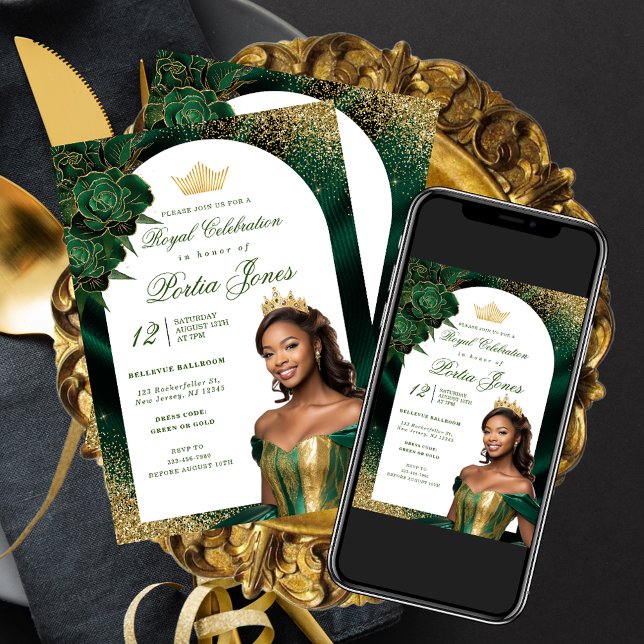 Emerald Grönt och Guld Arch Birthday bjudande Inbjudningar (Skapare uppladdad)