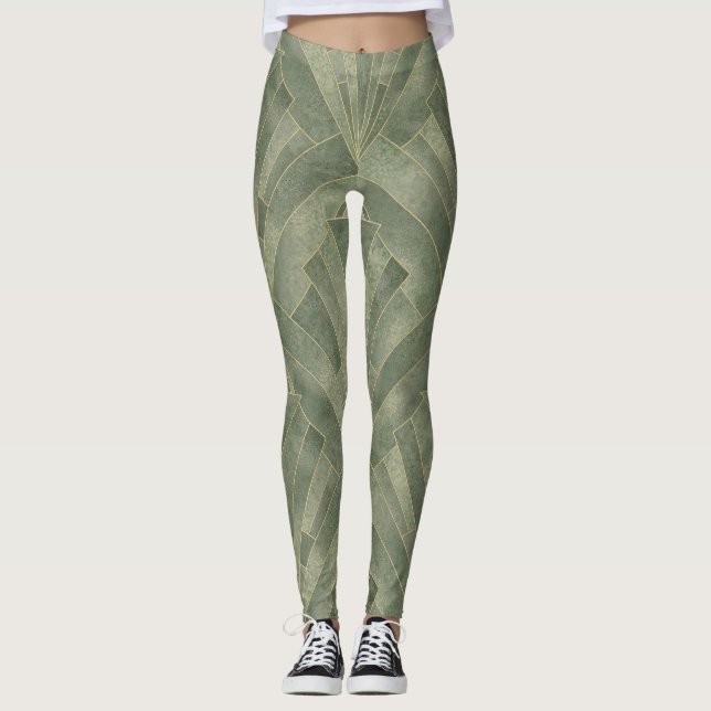 Emerald Grönt och Guld Art Deco Mönster Leggings (Framsida)