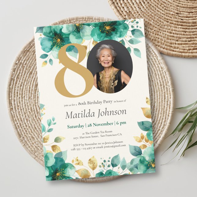 Emerald Grönt och Guld Blommigt 80:e födelsedagen Inbjudningar (Emerald Green and Gold Floral 80th Birthday Invitation)