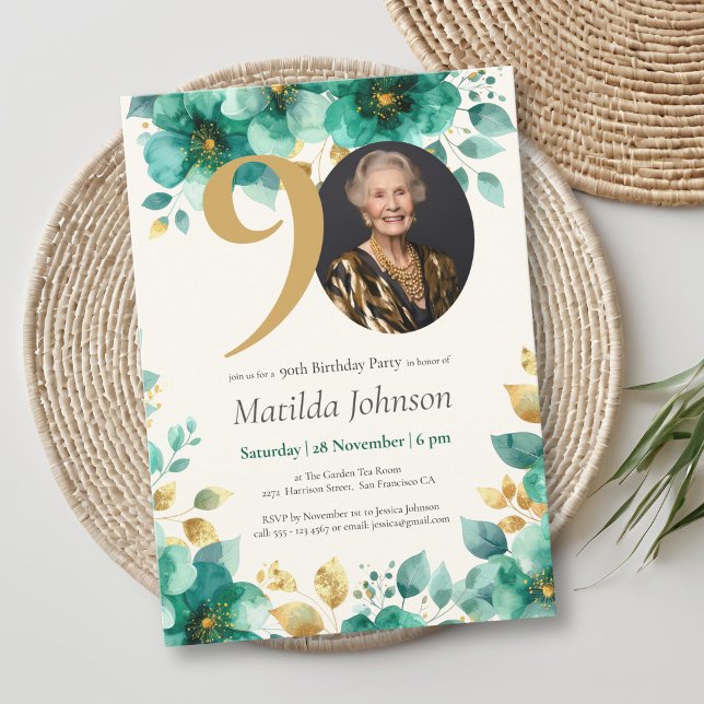 Emerald Grönt och Guld Blommigt 90:e födelsedag Inbjudningar (Emerald Green and Gold Floral 90th Birthday Invitation)