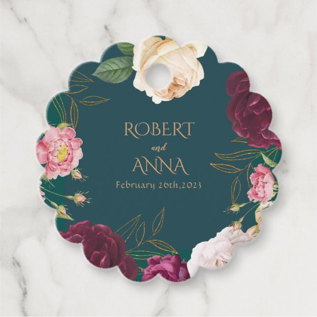 Emerald Grönt och guld Blommigt Bröllop Gåvor Etiketter (Framsida)