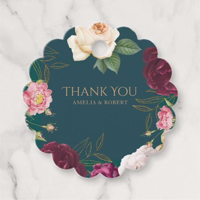 Emerald Grönt och guld Blommigt Bröllop Gåvor Etiketter (Framsida)