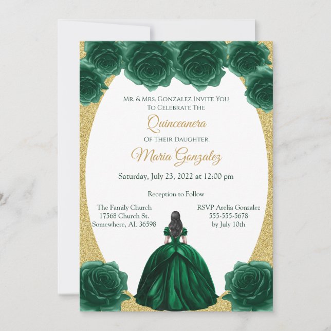 Emerald Grönt och Guld Blommigt Quinceanera Inbjudningar (Framsida)