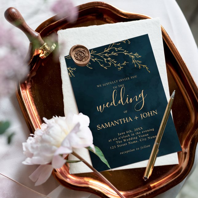 Emerald Grönt och Guld Botanical Elegant bröllop Inbjudningar (Skapare uppladdad)
