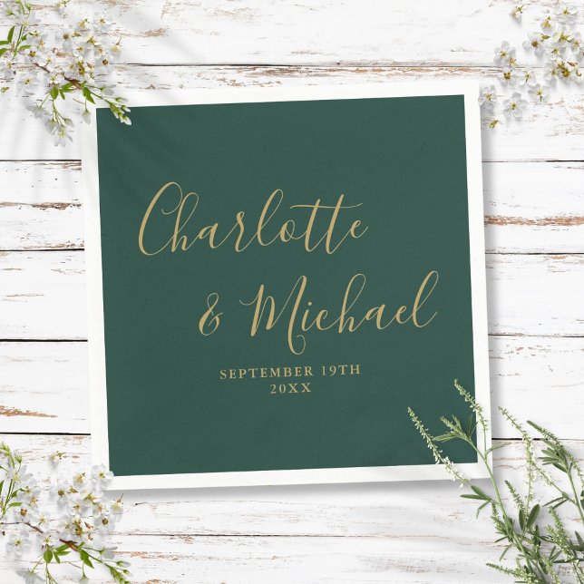 Emerald Grönt och Guld Elegant Namnteckning Bröllo Pappersservett (Emerald Green And Gold Elegant Signature Wedding Napkins)
