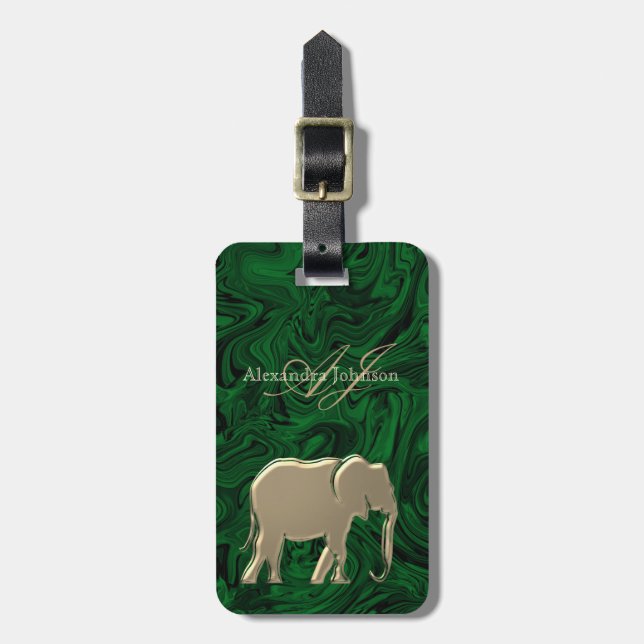 Emerald Grönt och Guld Elephant Monogrammed Bagagebricka (Vertikal Framsida)