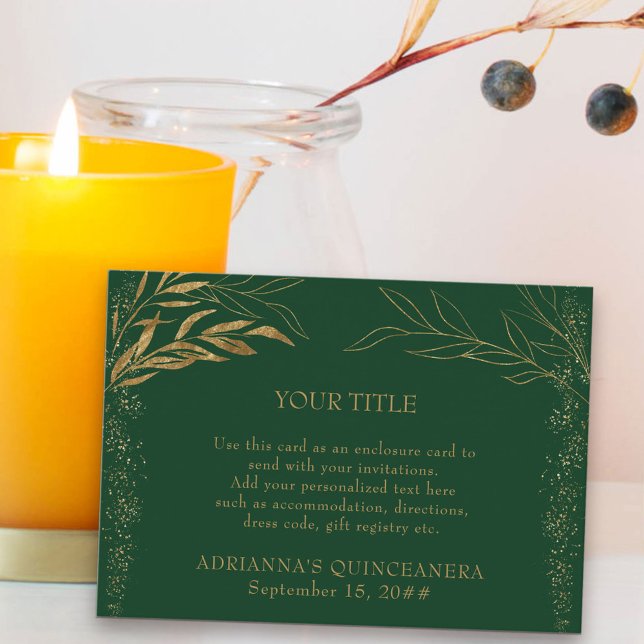 Emerald Grönt och Guld Löv Anpassningsbar-hölje Tilläggskort (Quinceanera Reception Card in emerald green from my Gold Leaf Collection)