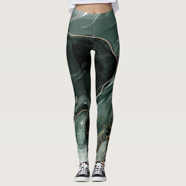 Emerald Grönt och Guld Marble, Marble Background Leggings (Framsida)