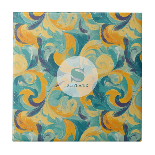 Emerald Grönt och Guld Paisley-Inspired Abstrakt Kakelplatta (Framsidan)