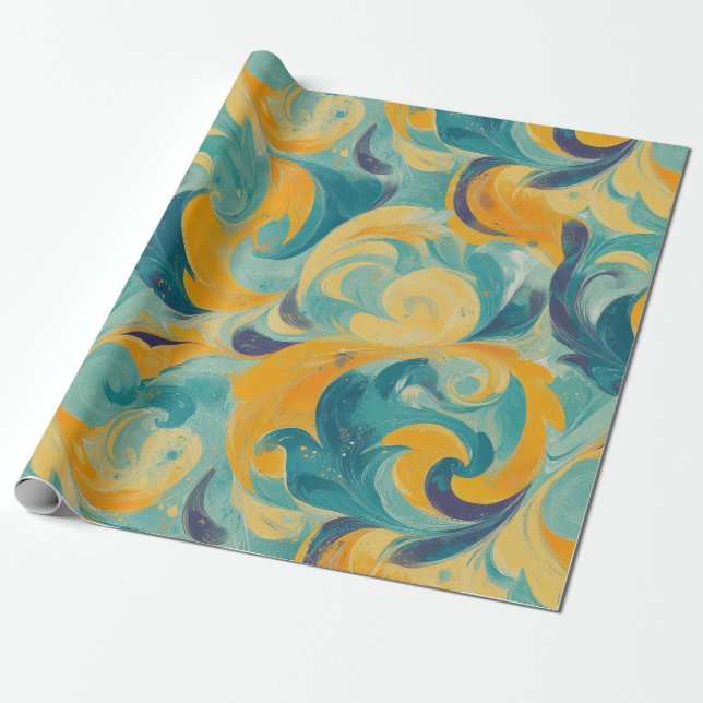 Emerald Grönt och Guld Paisley-Inspired Abstrakt Presentpapper (Utrullad)
