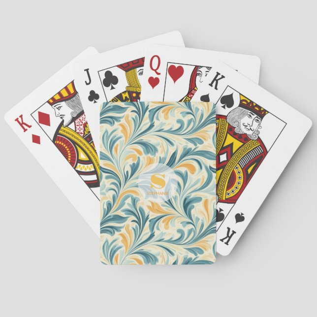 Emerald Grönt och Guld Paisley Löv Mönster Casinokort (Baksidan)