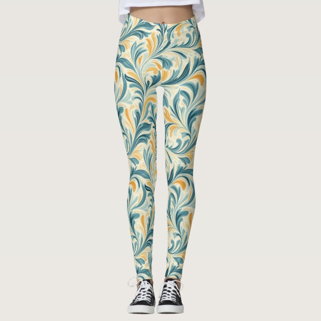 Emerald Grönt och Guld Paisley Löv Mönster Leggings (Framsida)