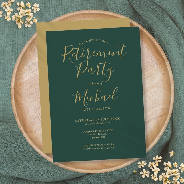 Emerald Grönt och Guld Party i Pension Inbjudningar (Emerald Green And Gold Script Retirement Party Invitation)