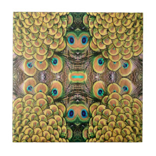 Emerald Grönt och Guld Peacock Feathers Kakelplatta