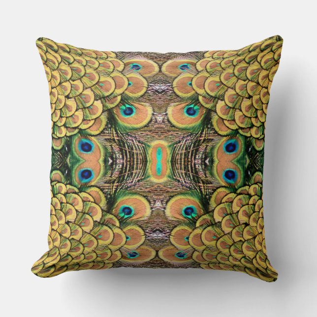 Emerald Grönt och Guld Peacock Feathers Kudde (Framsida)