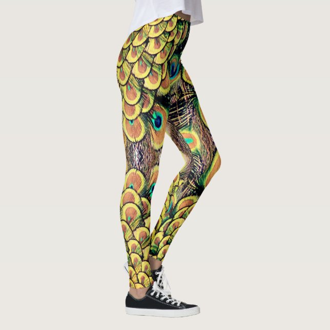 Emerald Grönt och Guld Peacock Feathers Leggings (Höger)