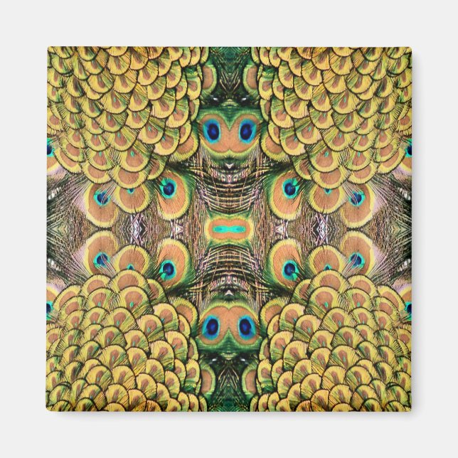 Emerald Grönt och Guld Peacock Feathers Magnet (Framsidan)