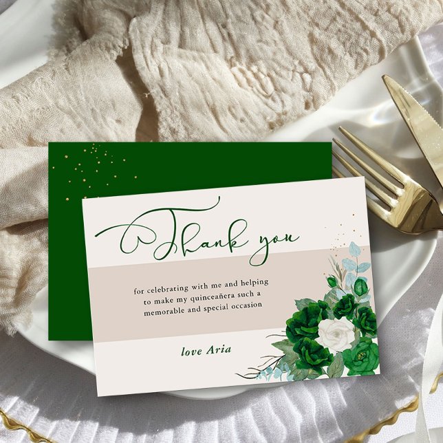 Emerald Grönt och Ivory Ro Elegant Calligraphy Tack Kort (Thank you cards from the Royal Rose Emerald Green Quinceanera Collection by Darling & May)