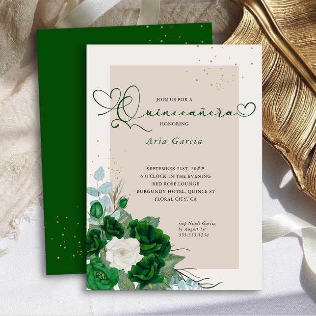 Emerald Grönt och Ivory Ro Elegant Quinceanera Inbjudningar (Quinceanera Invitation from the Royal Rose Emerald Green Quinceanera Collection by Darling & May)
