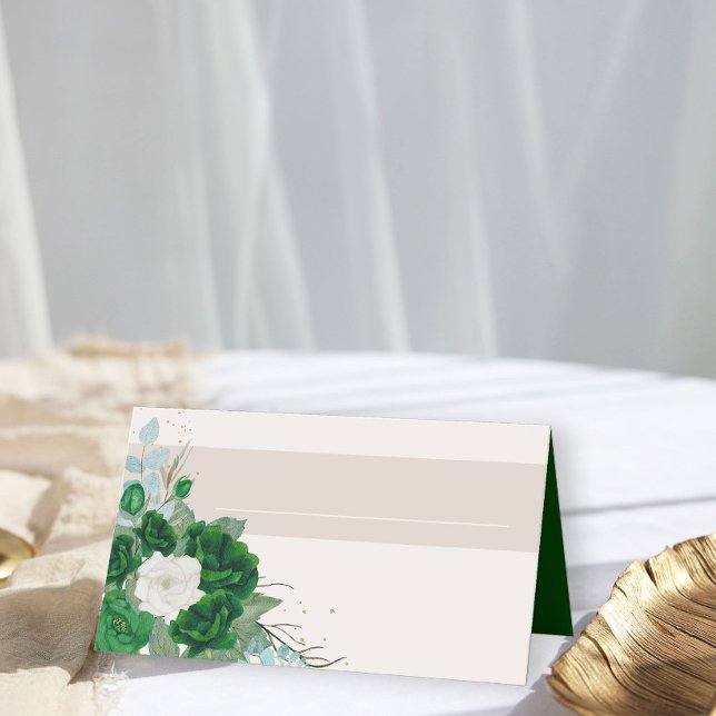 Emerald Grönt och Ivory Ro med Namn Panel Placeringskort (Floral Place Cards from the Royal Rose Emerald Green Quinceanera Collection by Darling & May)