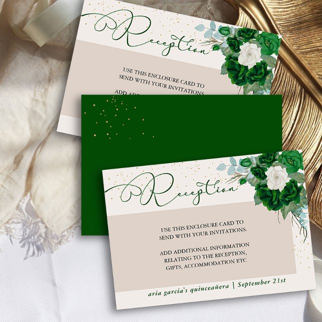 Emerald Grönt och Ivory Ro Reception Tilläggskort (Quinceanera Reception Card from the Royal Rose Emerald Green Quinceanera Collection by Darling & May)