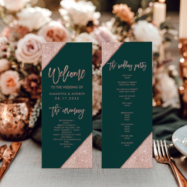 Emerald Grönt och Ro Guld Glitter Bröllop Program (Emerald Green and Rose Gold Glitter Wedding Program)