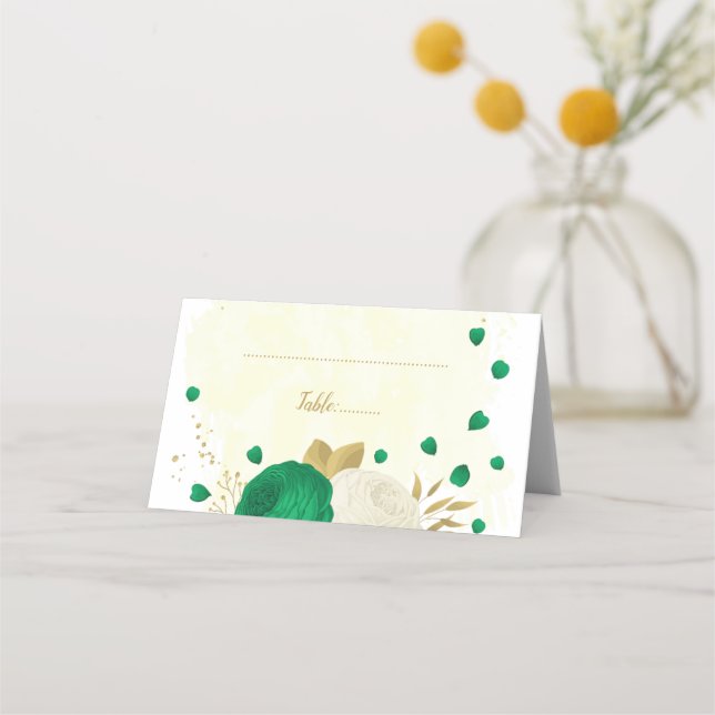 emerald grönt och vita blommor botaniskt bröllop placeringskort (Framsida)
