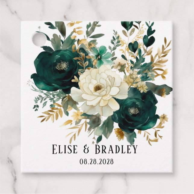 Emerald Grönt och White Guld Peonies Bröllop Gåvor Etiketter (Framsida)
