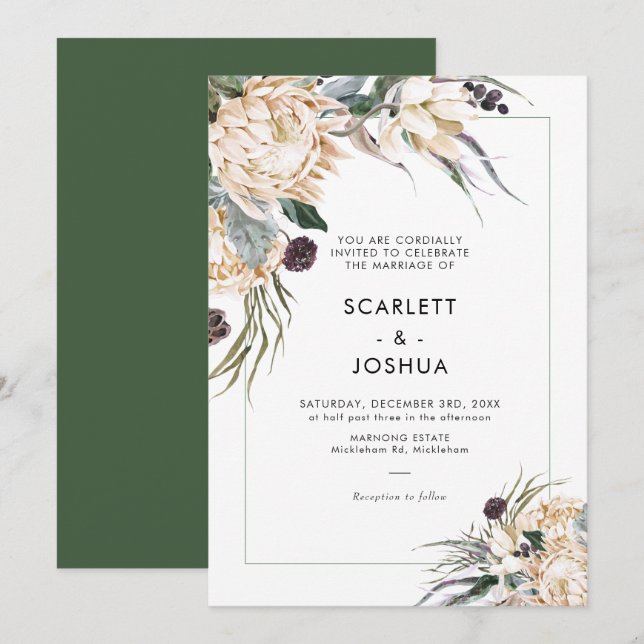 Emerald Grönt och White Protea Wedding bjudande Inbjudningar (Fram/baksida)