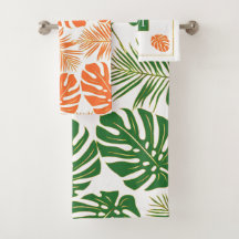 Emerald grönt, orange tropiska löv och monogram