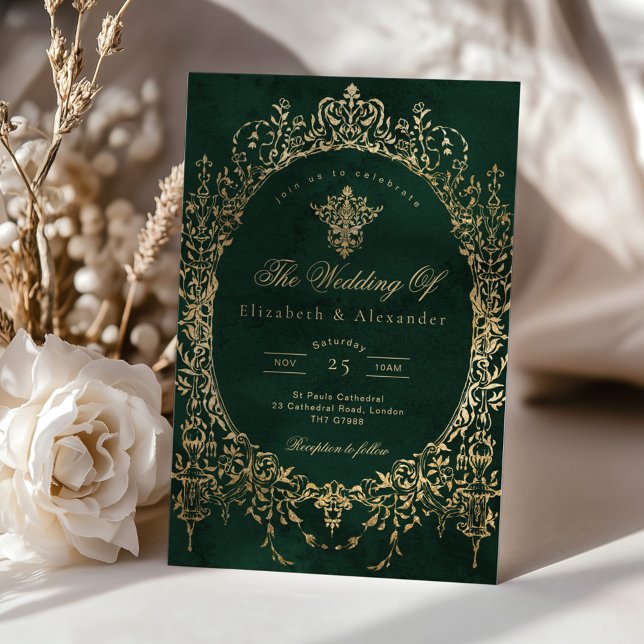 Emerald Grönt Ornate Emerald och guld foil Bröllop Inbjudningar (Skapare uppladdad)