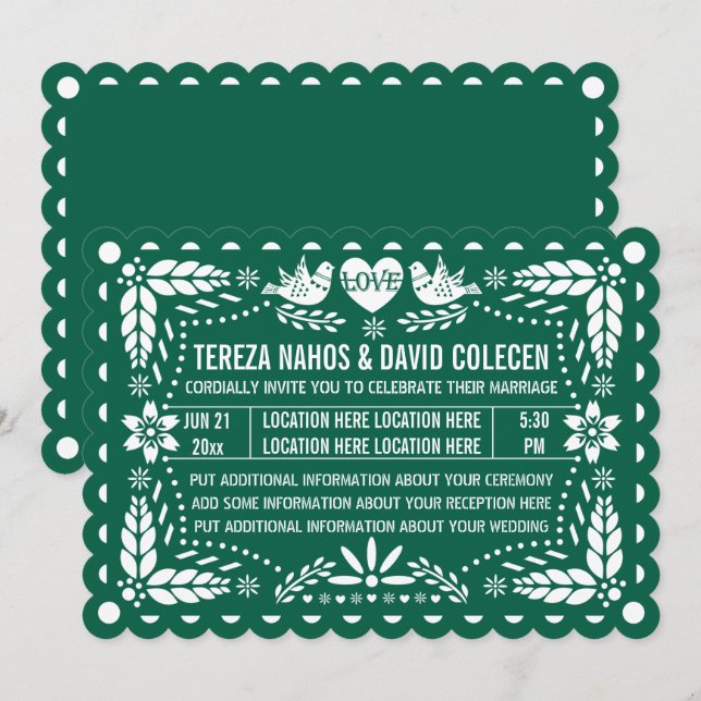 Emerald grönt papel picado love birds bröllop inbjudningar (Fram/baksida)