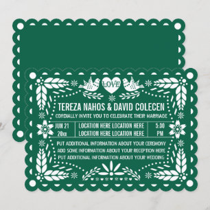 Emerald grönt papel picado love birds bröllop inbjudningar
