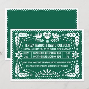 Emerald grönt papel picado love birds bröllop inbjudningar