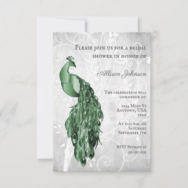 Emerald Grönt Peacock Inbjudningskort för möhippan (Framsida)