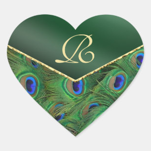 Emerald Grönt Peacock Monogram Kuvert Seal Hjärtformat Klistermärke