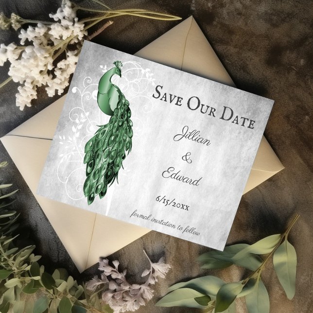Emerald Grönt Peacock Spara datum Meddelande (Emerald Green Peacock Save the Date)