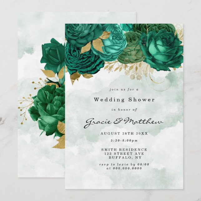 Emerald Grönt Peony Guld Möhippa Inbjudningskort (Fram/baksida)